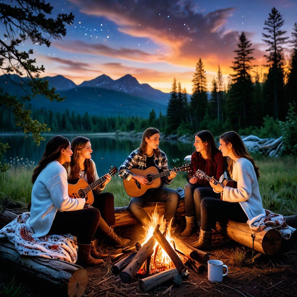 A warm, inviting scene of diverse friends sitting around a campfire, sharing stories and laughter under a starry night sky, with glowing embers casting flickering shadows. Their expressions reflect joy and connection, surrounded by nature's beauty. Incorporate elements like a guitar, mugs in hand, and a night sky filled with stars to symbolize shared moments. soft-focus. vibrant colors. 3D. natural setting.
