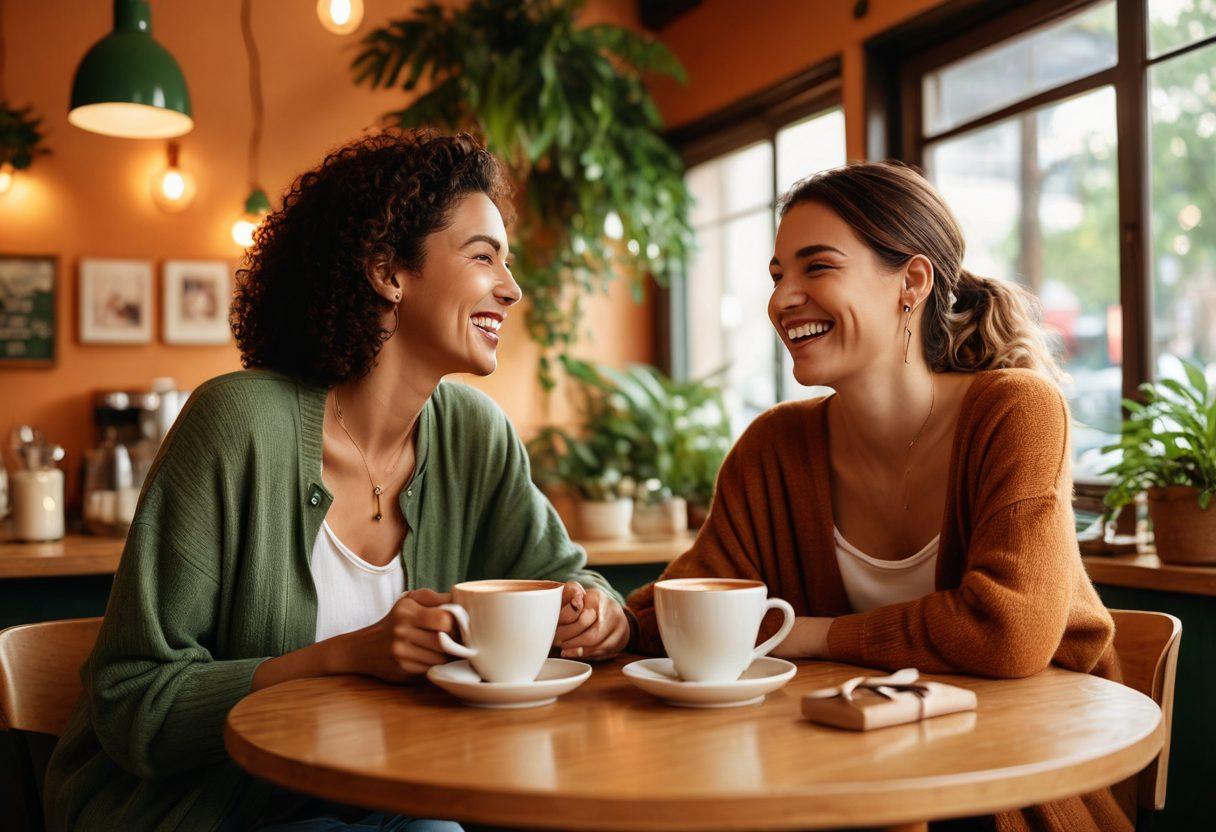 A warm and inviting scene depicting two diverse individuals laughing together over coffee in a cozy café, with soft lighting and plants surrounding them. Include a heart symbol subtly integrated into the background, representing emotional intimacy and connection. Show their body language as open and engaged, emphasizing the bond they share. super-realistic. warm colors. cozy atmosphere.