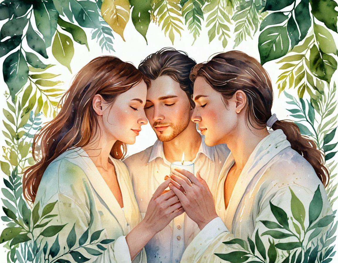 A warm, inviting scene depicting two people sharing an intimate moment, surrounded by soft candlelight and lush greenery. The background features delicate heart-shaped leaves, symbolizing passion and connection. Their expressions showcase love and understanding, while gentle colors blend harmoniously to evoke a sense of comfort. Include subtle details like intertwined hands and a cozy blanket to enhance intimacy. watercolor painting. soft pastels. romantic ambiance.